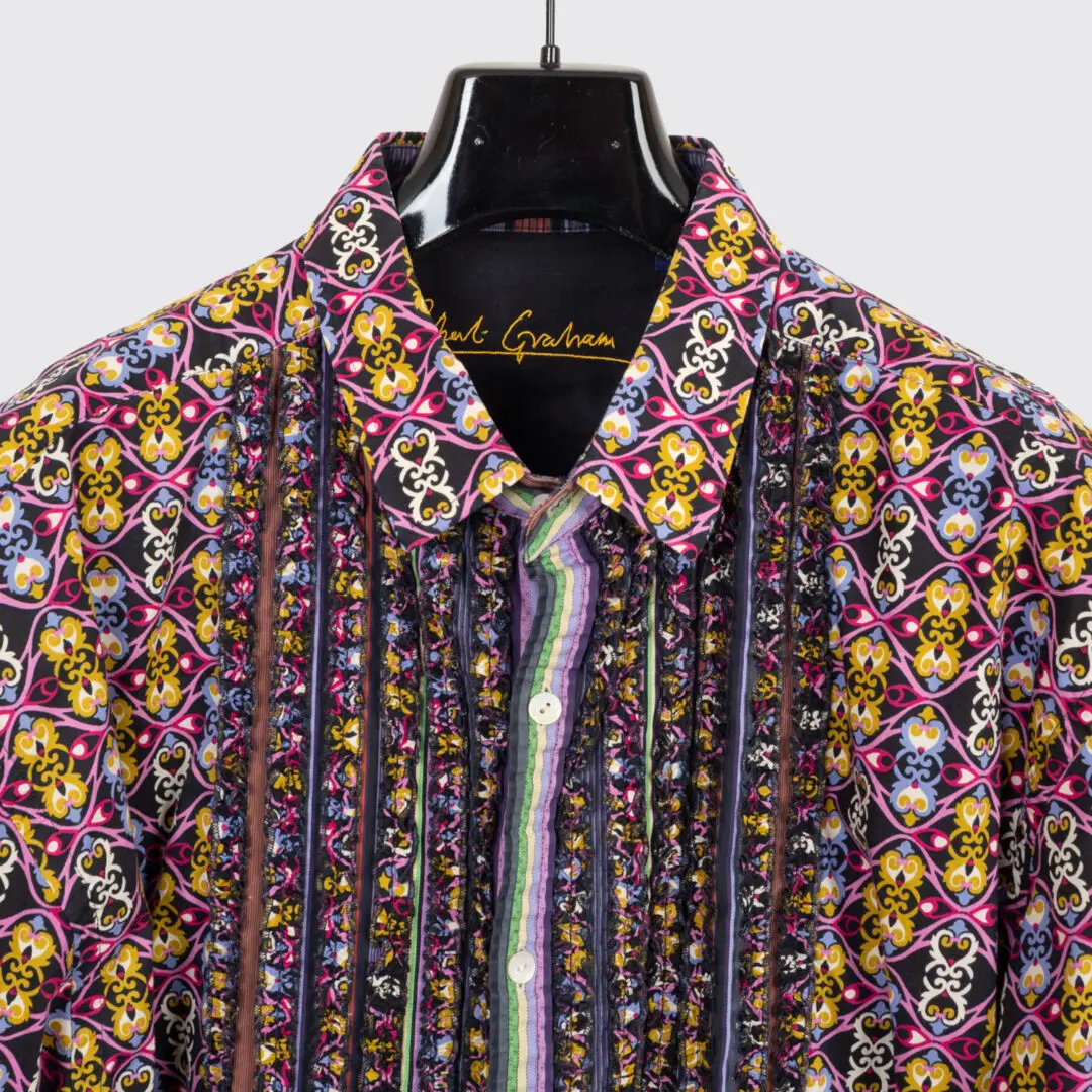 Robert Graham Tuxedo Shirt 3XL Abstract Multicolor Print Ruffle