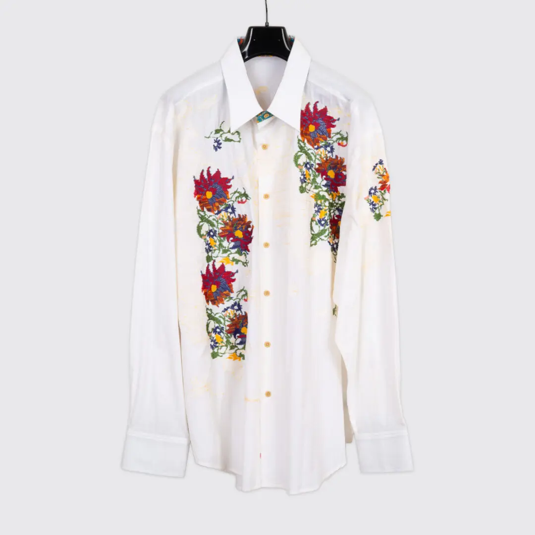 Robert Graham Shirt 3XL Cream Polka Dot Floral Embroidery Cotton