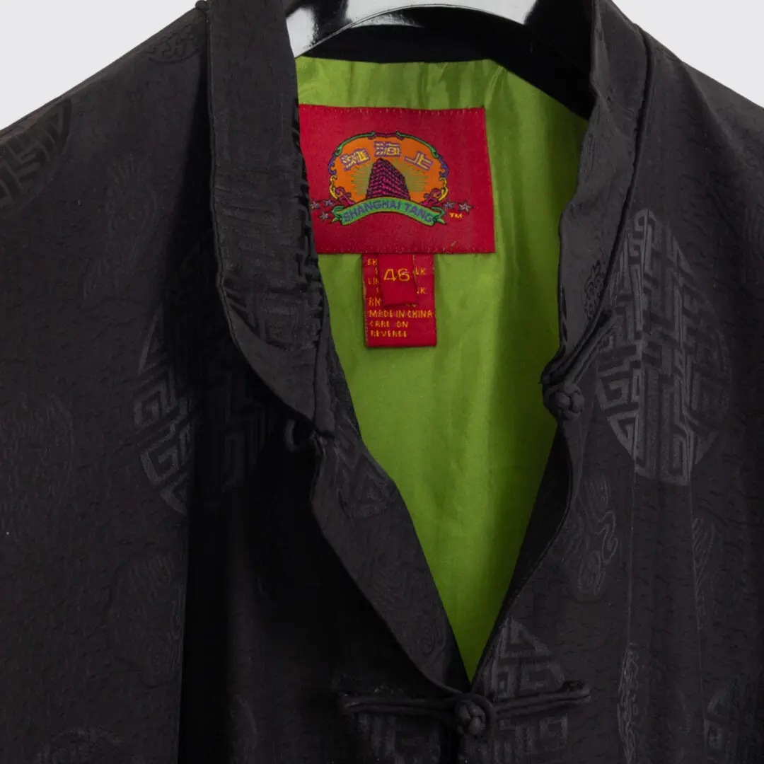 Shanghai Tang Mandarin Jacket US46 Men Black Oriental Print Silk