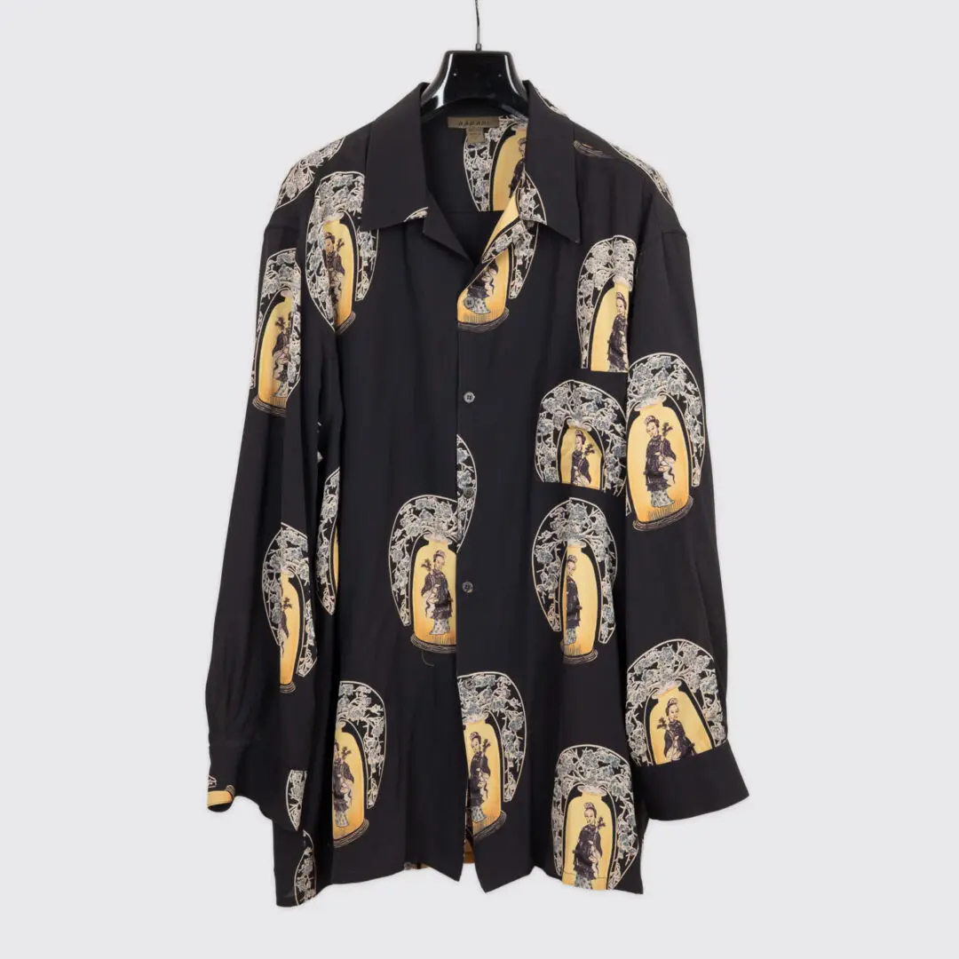 Harari Shirt Size XL Black Silk Oriental Vase Print Lightweight