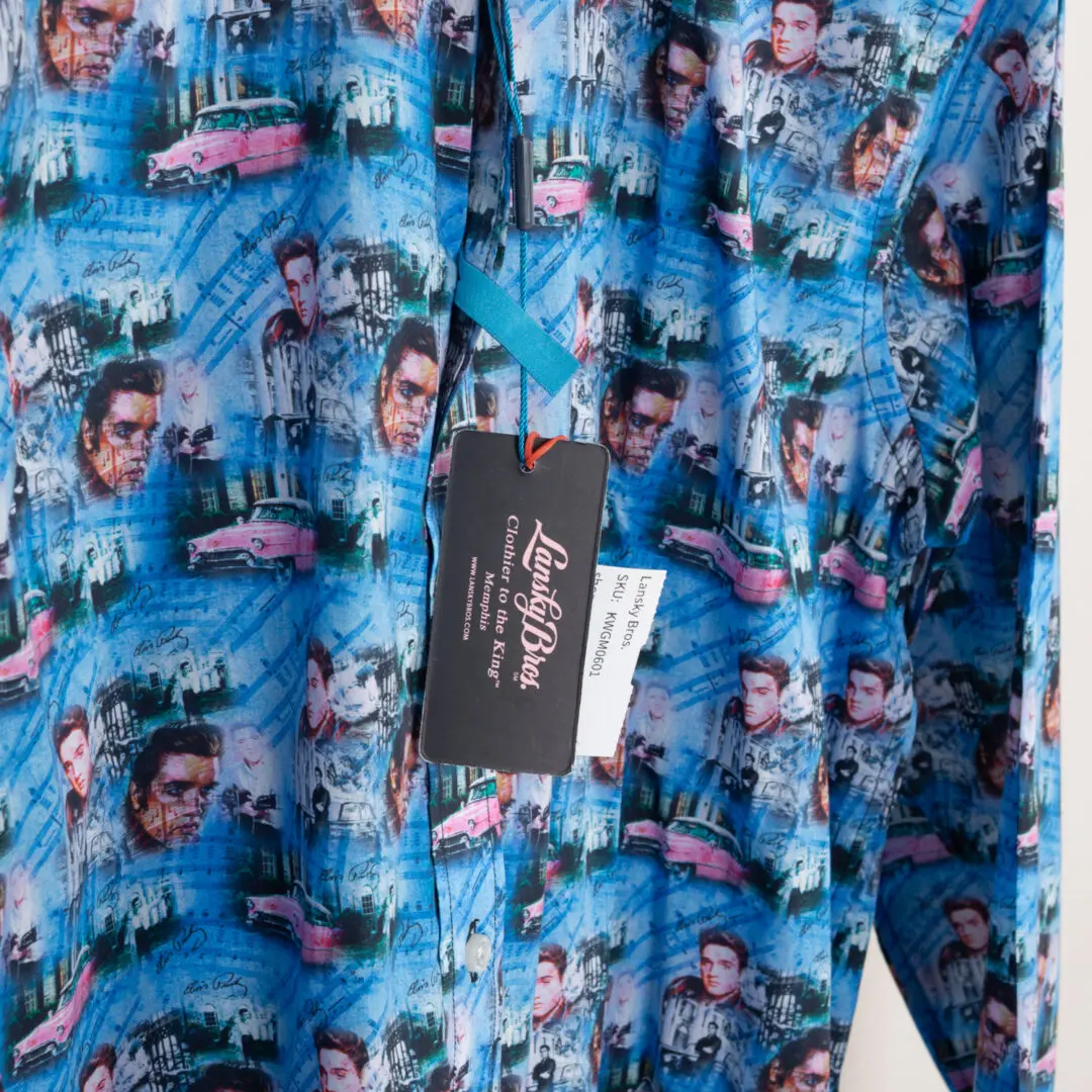 Lansky Bros Sport Shirt 3XL Blue Elvis Pink Cadillac Print Cotton