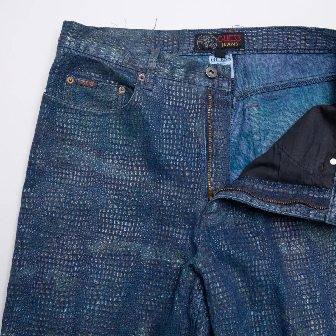 Guess Vintage Jeans Men Blue Green Tie Dye Alligator Print Denim