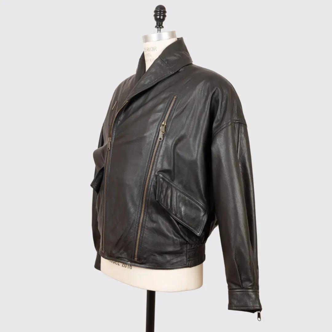 Habitat Leather Flight Jacket US46 Black Asymmetrical Multi Zip