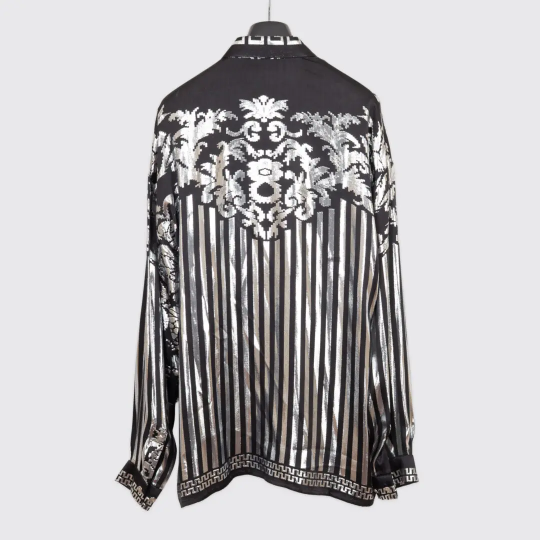 Lansky Bros Party Shirt XL Men Black Silver Greek Key Printed Silk