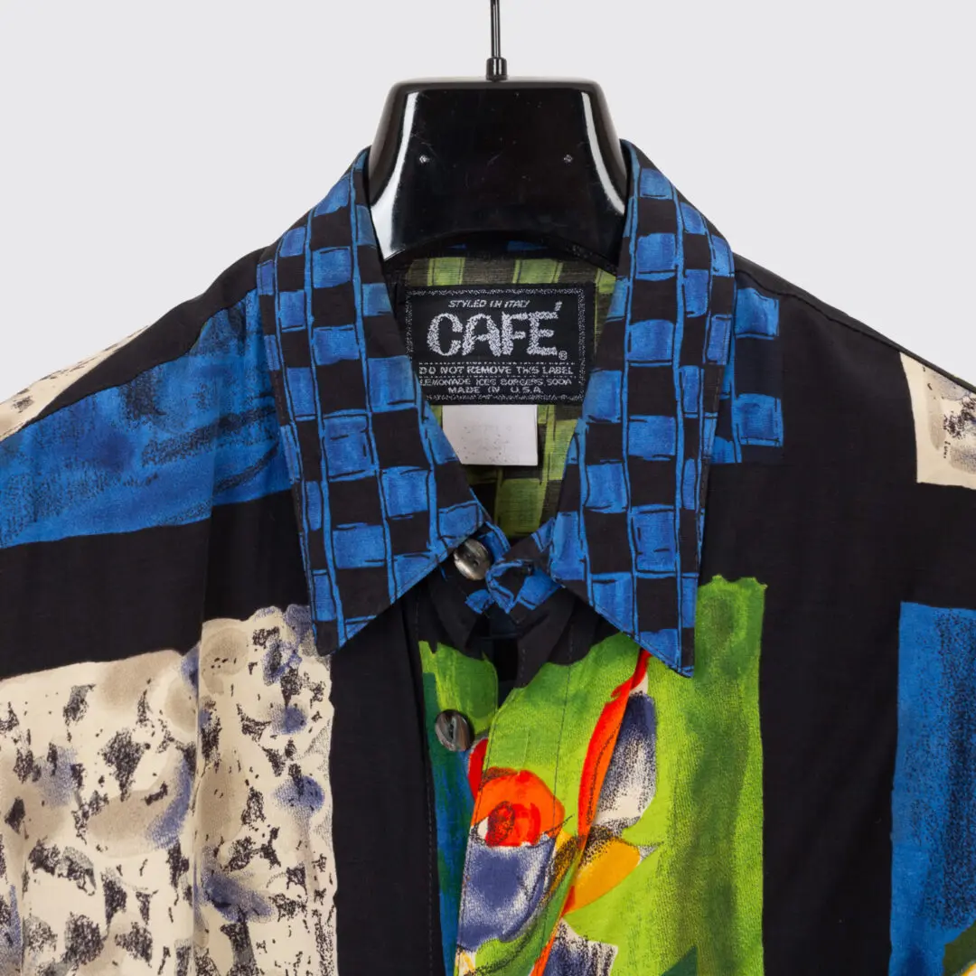 Café Shirt Size 3XL Black Blue Abstract Print Rayon Lightweight