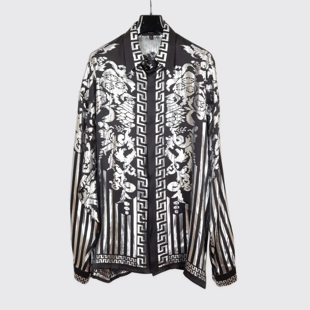 Lansky Bros Party Shirt XL Men Black Silver Greek Key Printed Silk