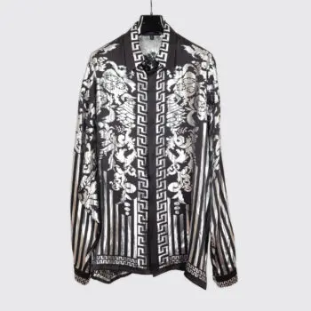 Lansky Bros Party Shirt XL Men Black Silver Greek Key Printed Silk