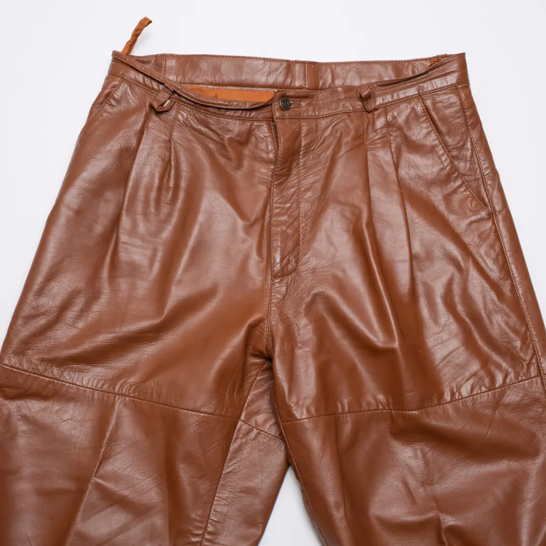 Bagazio Leather Pants W36 Men Brown Leather Pleated Front Trouser
