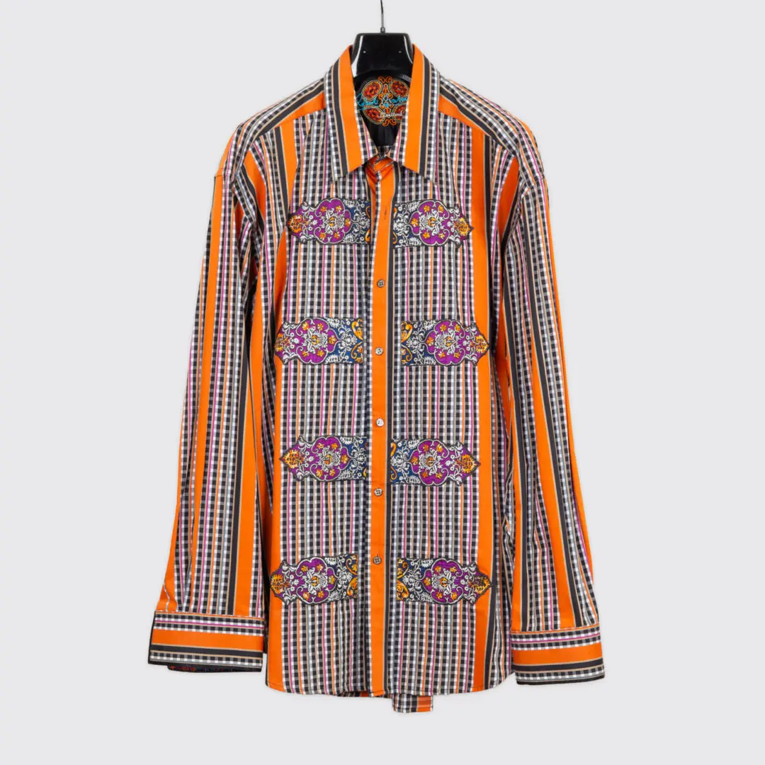 Robert Graham Shirt Size 3XL Ltd Edition Orange Stripe Check Print
