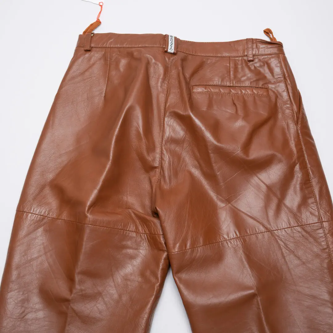 Bagazio Leather Pants W36 Men Brown Leather Pleated Front Trouser