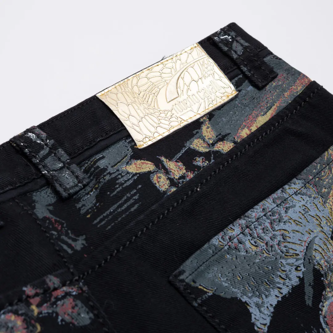 Roberto Cavalli Designer Jean W36 Black Multicolor Painted Cotton