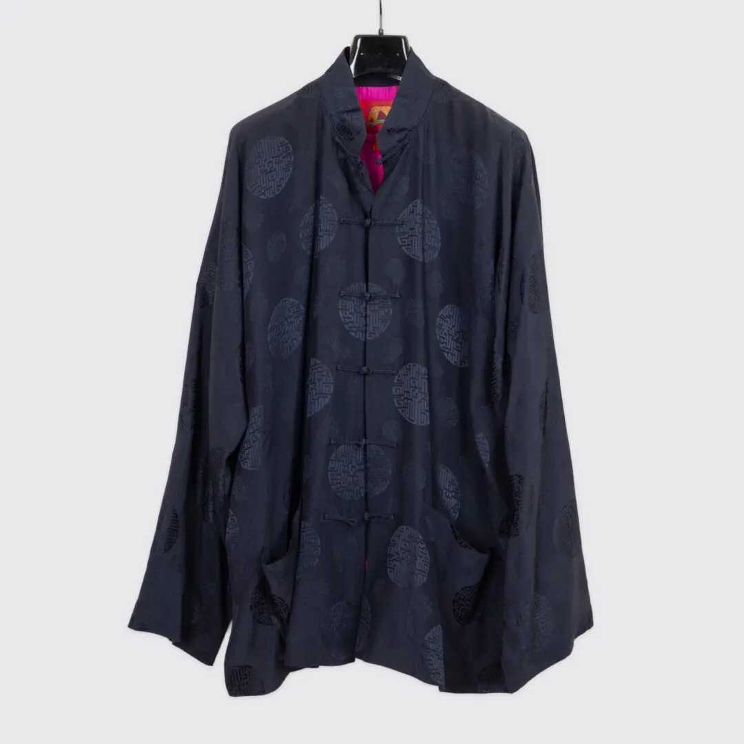 Shanghai Tang Mandarin Jacket US46 Men Black Silk Oriental Print