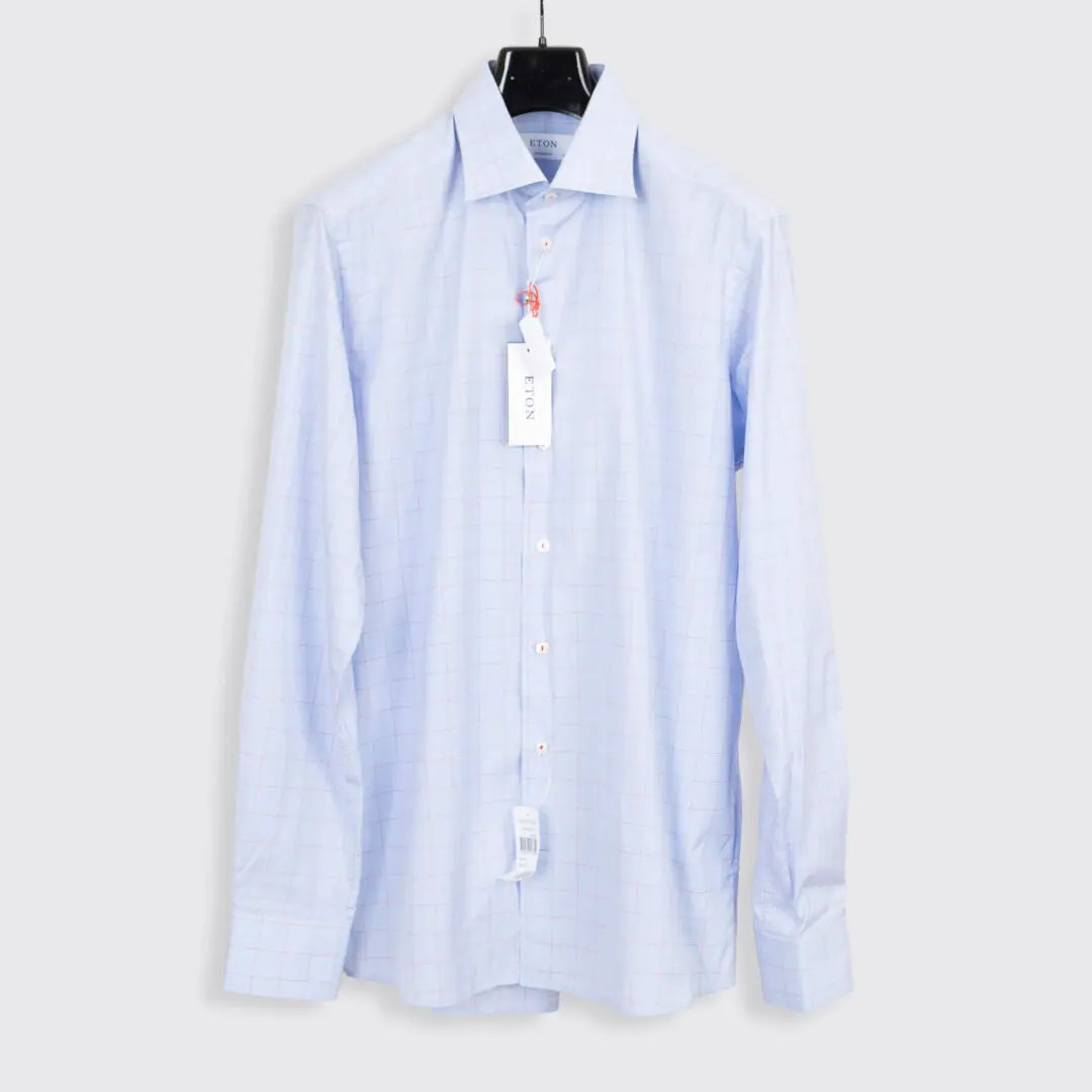 Eton Shirt Size 16.5 Blue Orange Windowpane Check Cotton Poplin