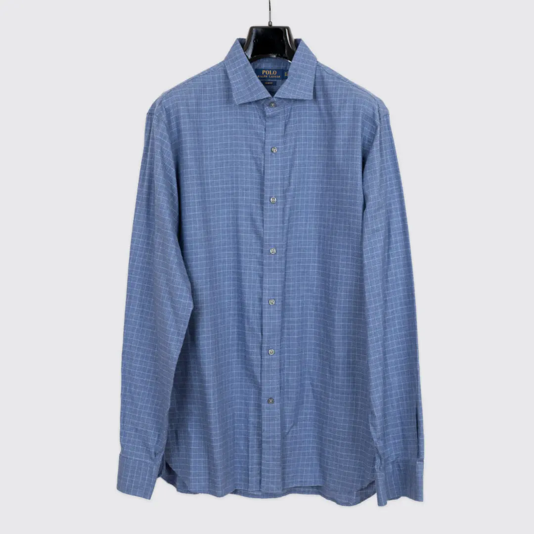 Polo Ralph Lauren Shirt Size 17 Blue Check Cotton Slim Fit