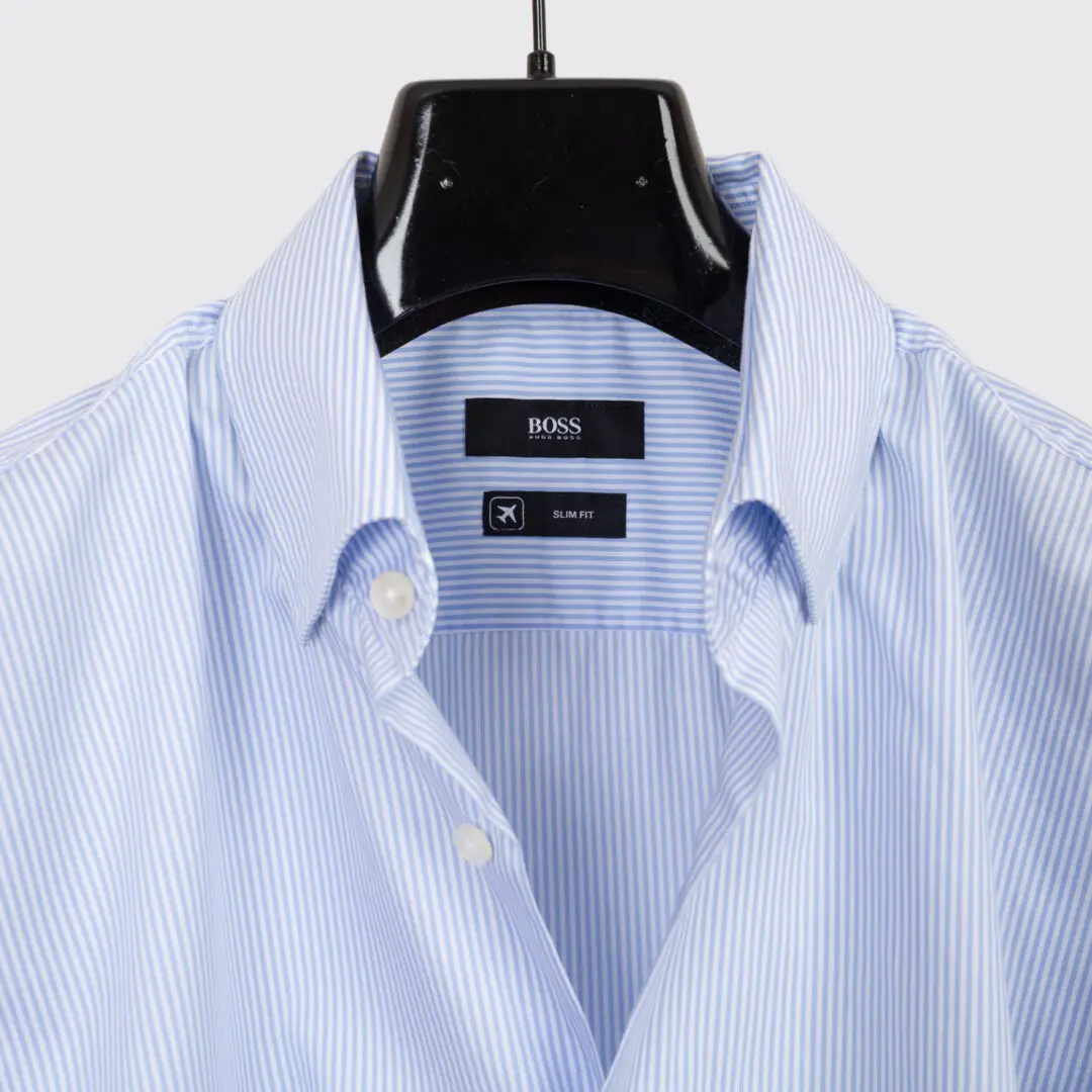 Hugo Boss Dress Shirt Size 16 Blue Striped Cotton Slim Fit