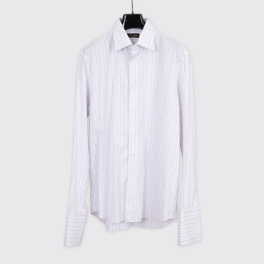 Canali Dress Shirt Size 17 White Purple Stripe Cotton French Cuff