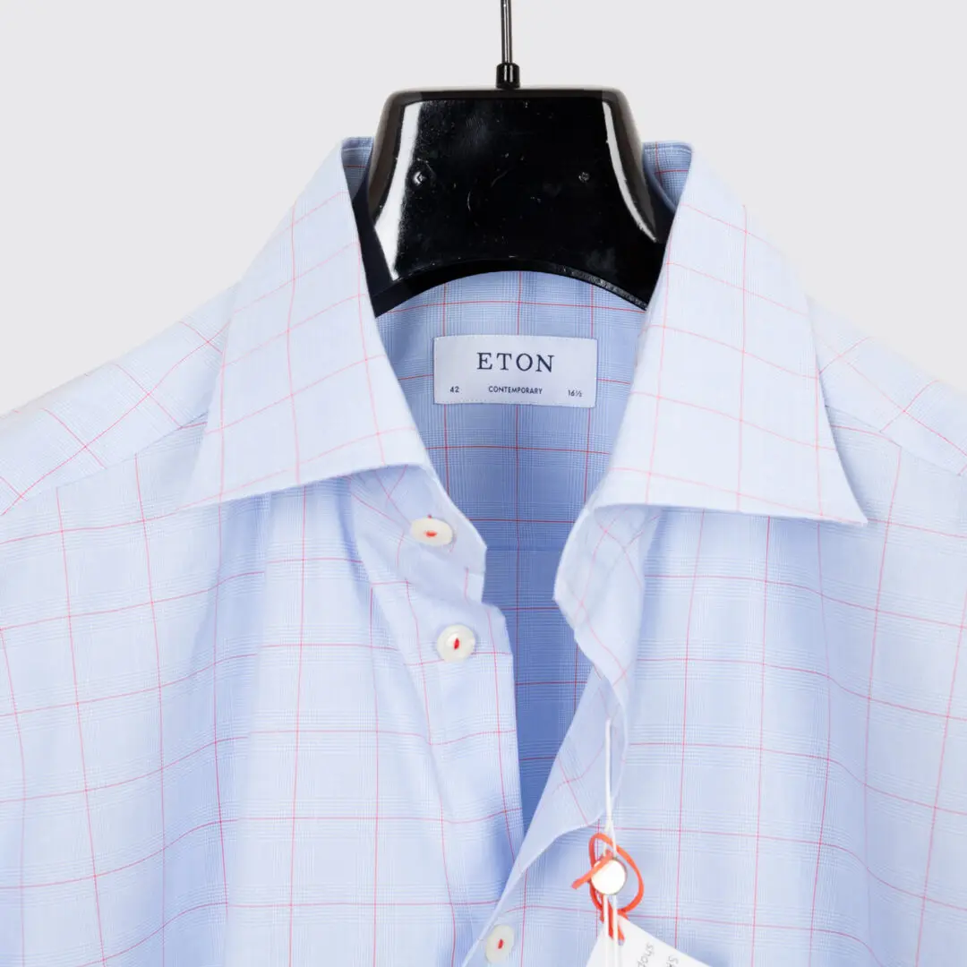 Eton Shirt Size 16.5 Blue Orange Windowpane Check Cotton Poplin