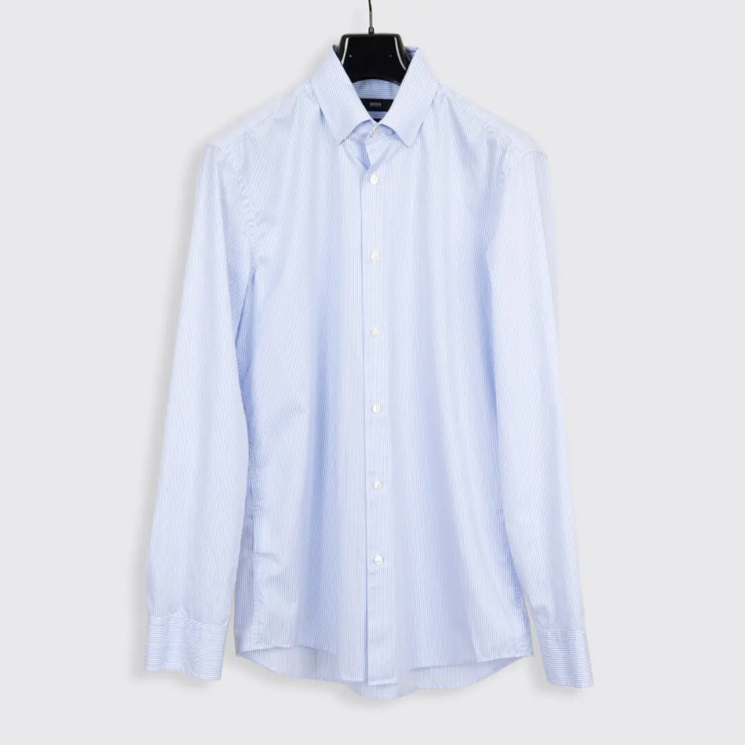 Hugo Boss Dress Shirt Size 16 Blue Striped Cotton Slim Fit