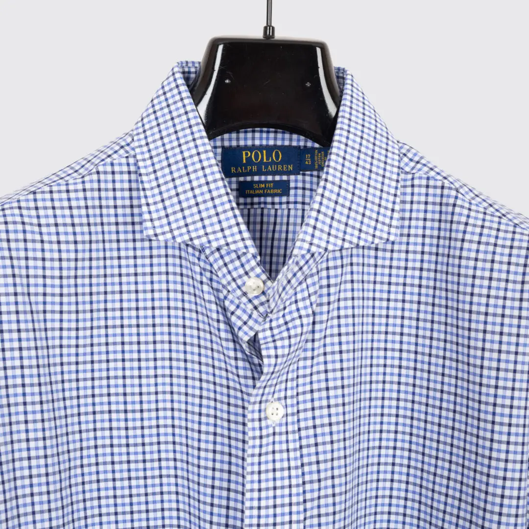 Polo Ralph Lauren Shirt Size 17 Men Blue Checked Cotton Slim Fit