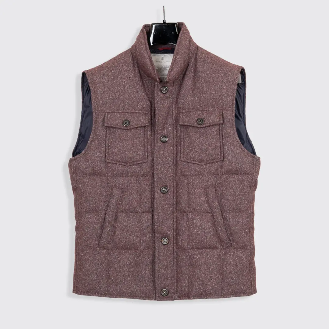 Brunello Cucinelli Padded Vest Size XL Men Burgundy Flecked Wool