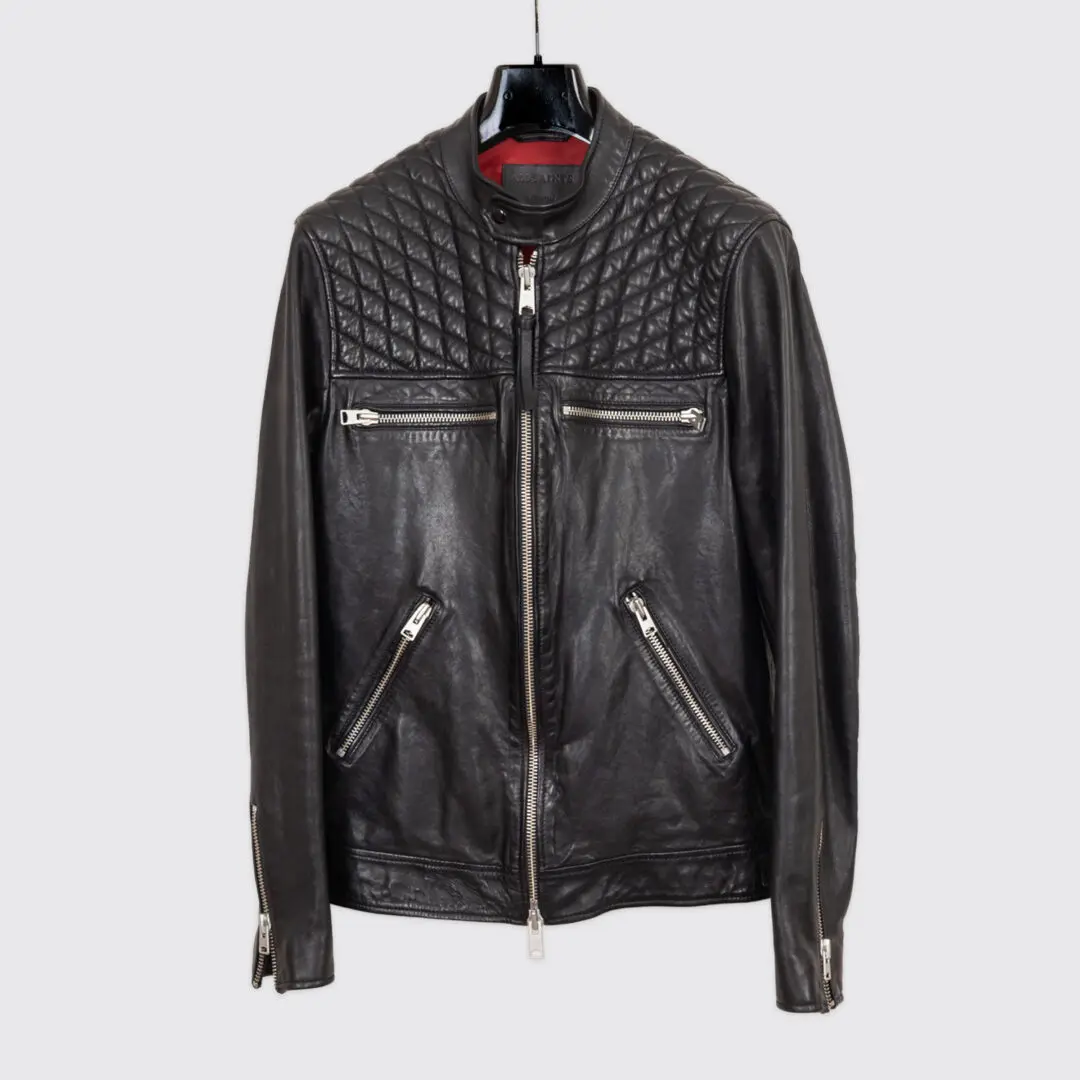 AllSaints Amersham Biker Jacket Size M Men Black Leather Quilted