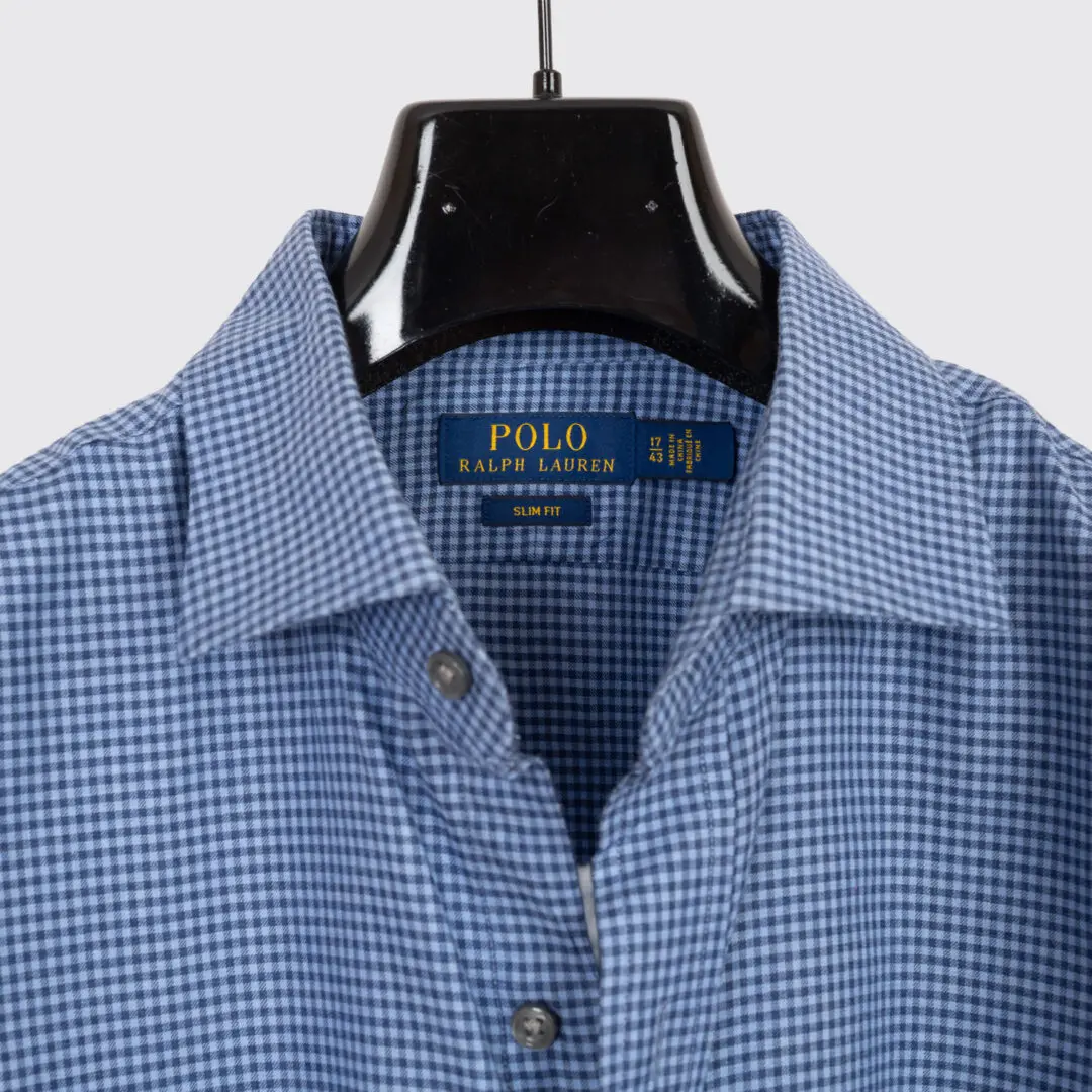 Polo Ralph Lauren Shirt Size 17 Men Blue Gingham Check Cotton