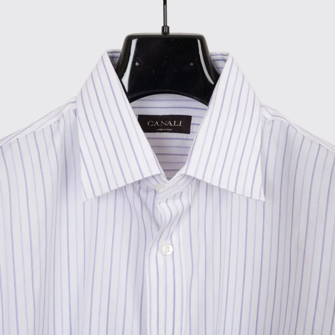 Canali Dress Shirt Size 17 White Purple Stripe Cotton French Cuff