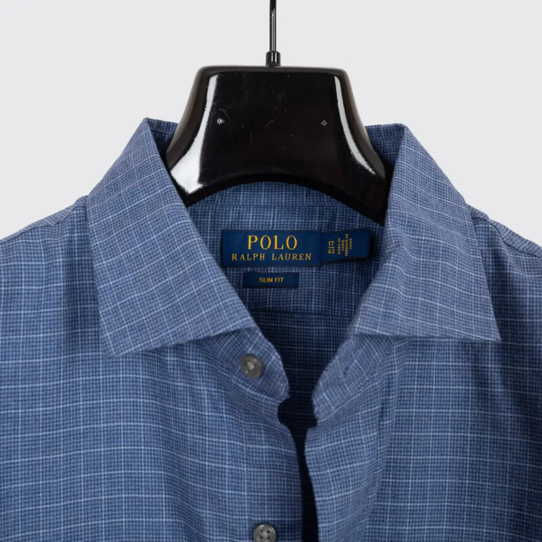 Polo Ralph Lauren Shirt Size 17 Blue Check Cotton Slim Fit