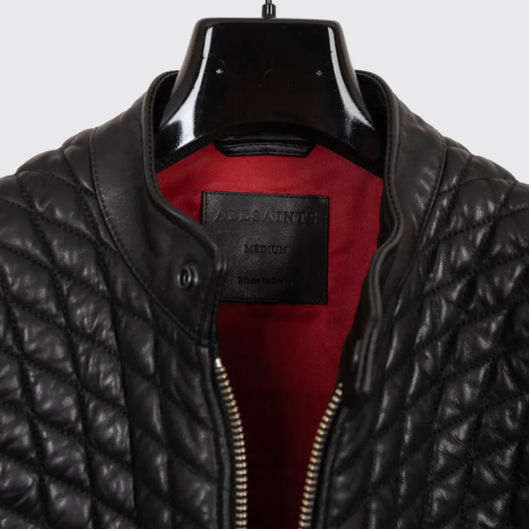 AllSaints Amersham Biker Jacket Size M Men Black Leather Quilted