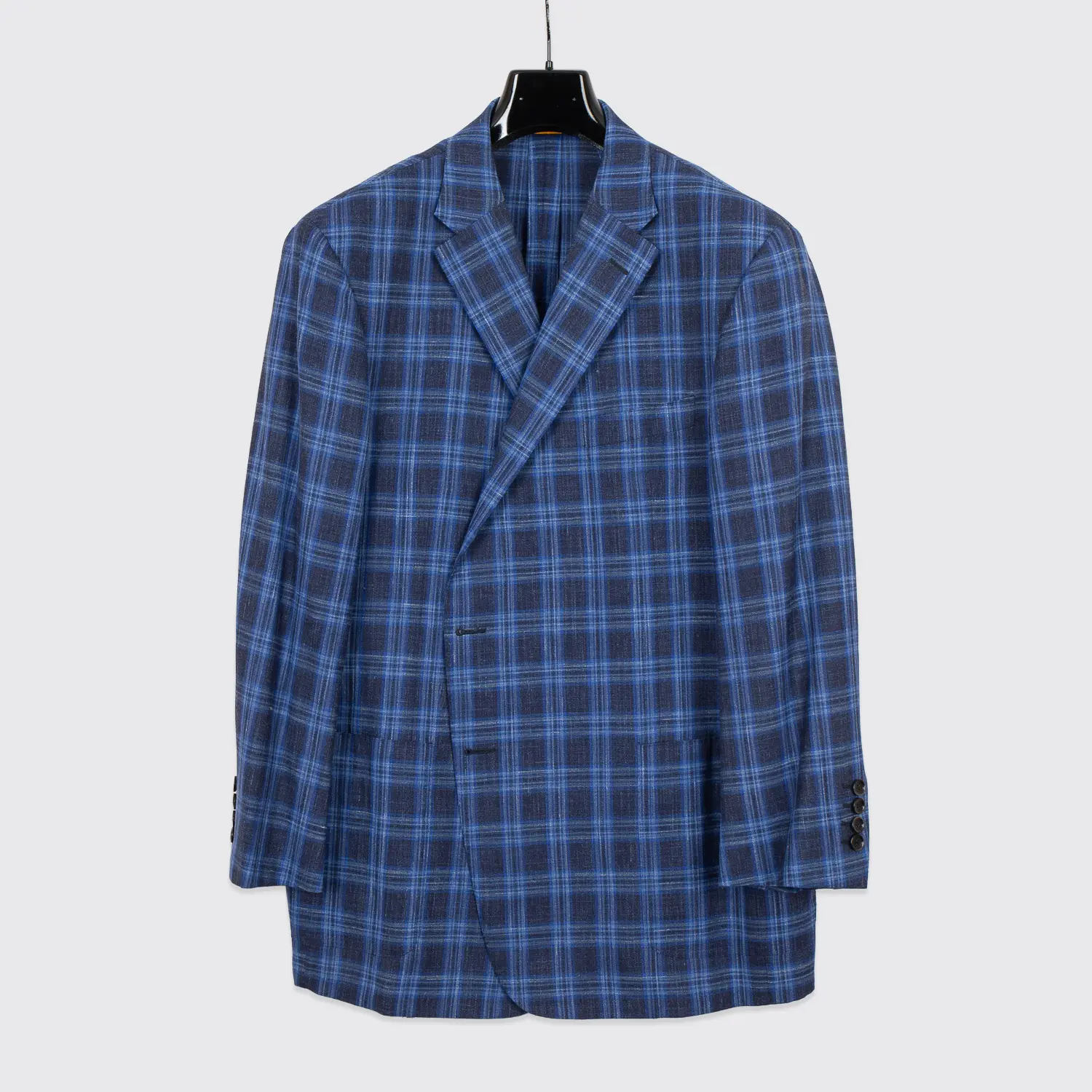 Hickey Freeman Jacket Size 48/50 Navy Plaid Loro Piana Summer Wool Weightless