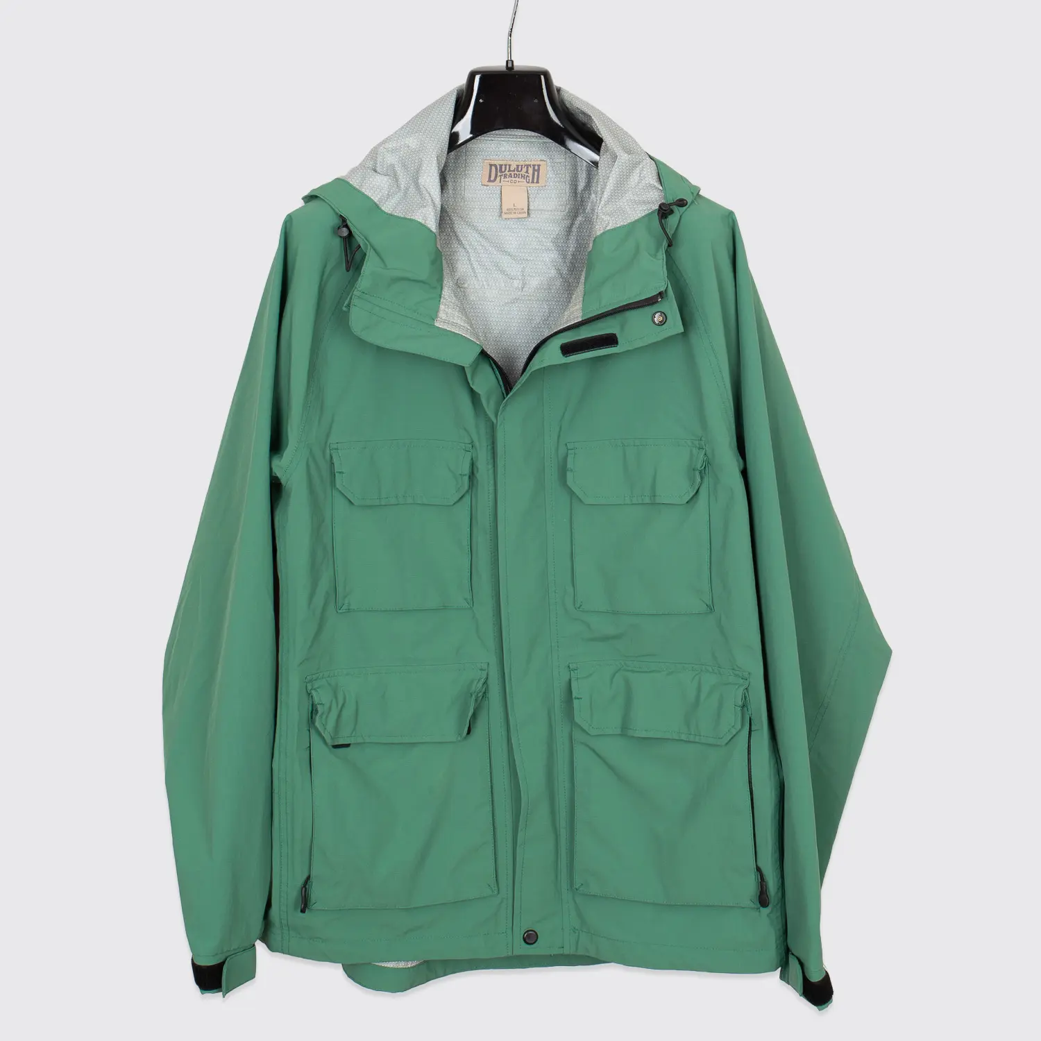 Duluth Trading Co Rain Jacket Size L Spring Green Nylon Waterproof Hood 4-Pocket