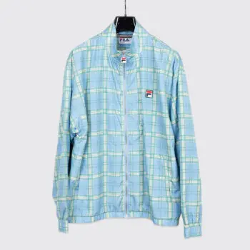 FILA x Urban Outfitters Windbreaker Size L Men Green Light Blue Plaid Mock Neck