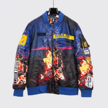 Dreamland Bomber Jacket Size L Navy Fire Print Patch Embroidery