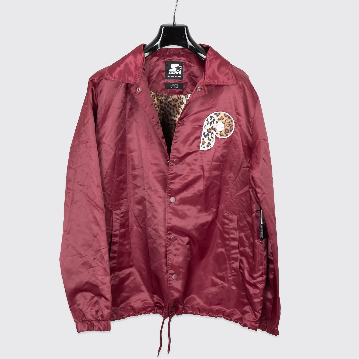 Starter Black Label Phillies Jacket Size L Wine Red Nylon with Leopard Print