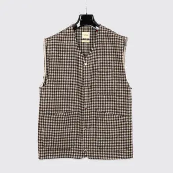De Bonne Facture Vest Size S Men Tweed Warm Wool Brown/Ivory Check Snap Front
