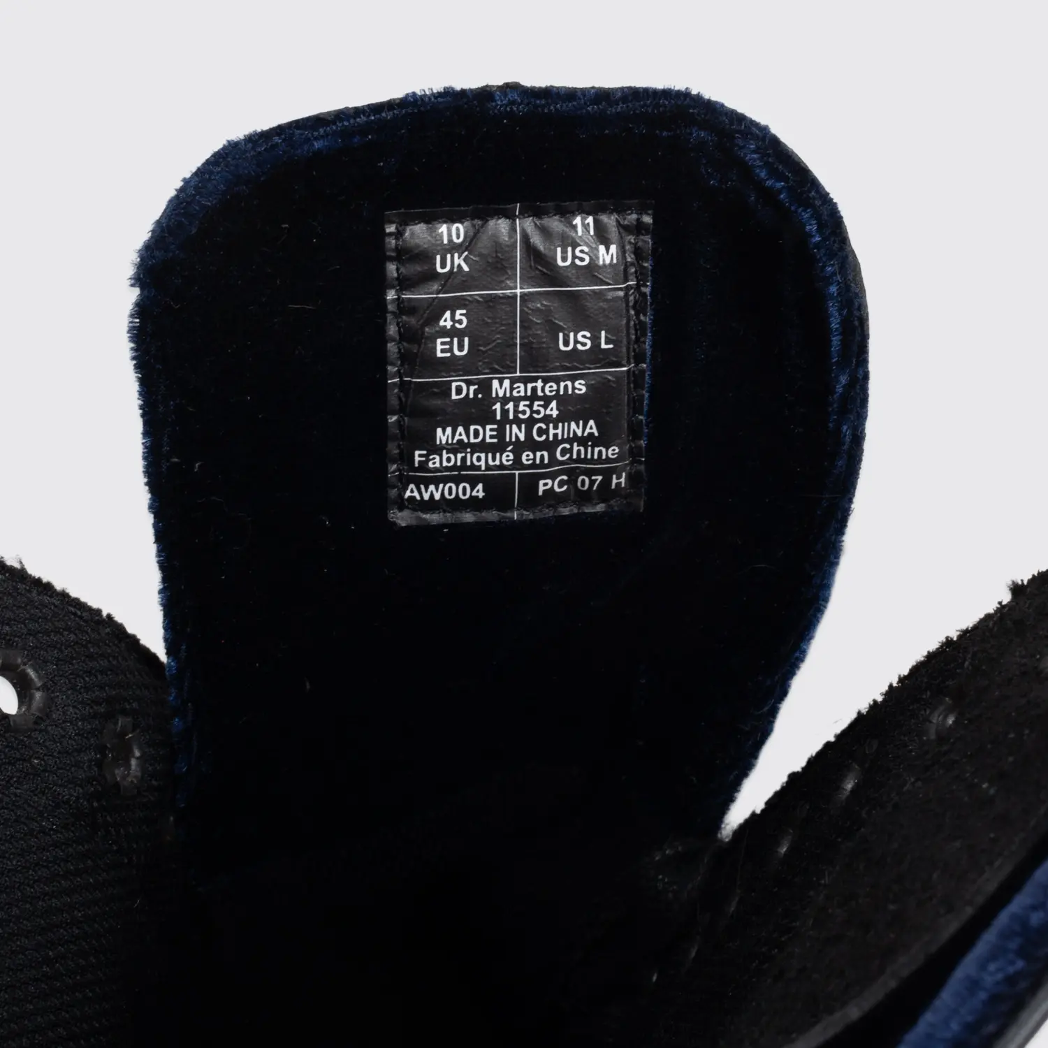 Dr. Martens Boots Size 11 (UK10) Men Black Leather 13-Eye Blue Velvet Trim MODS