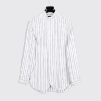Frank Leder Collarless Shirt Size S White Gray Striped Cotton Made in Germany