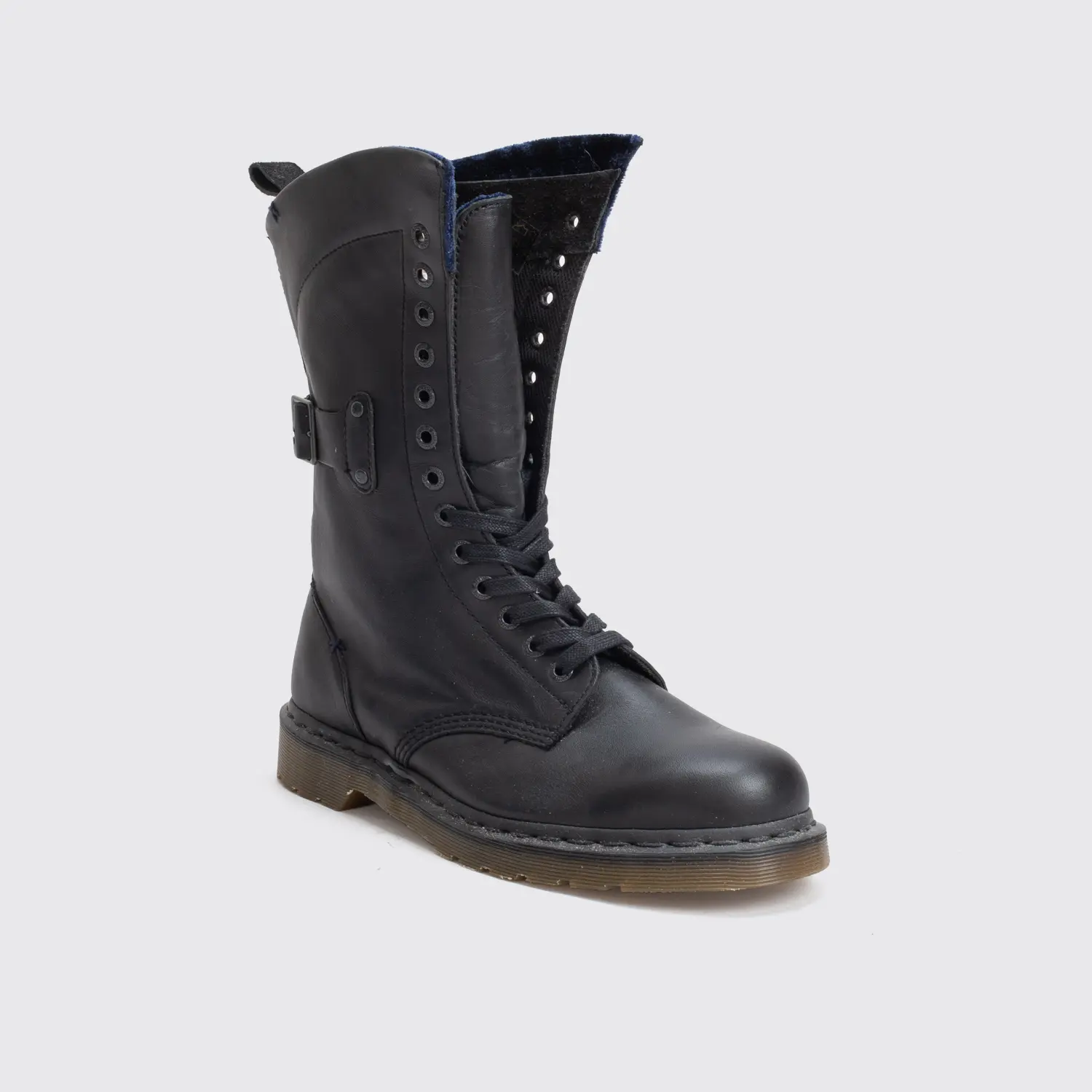 Dr. Martens Boots Size 11 (UK10) Men Black Leather 13-Eye Blue Velvet Trim MODS