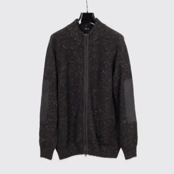 Kiton Cashmere Sweater Size EU54 Charcoal Fleck Zip with Leather Made in Italy