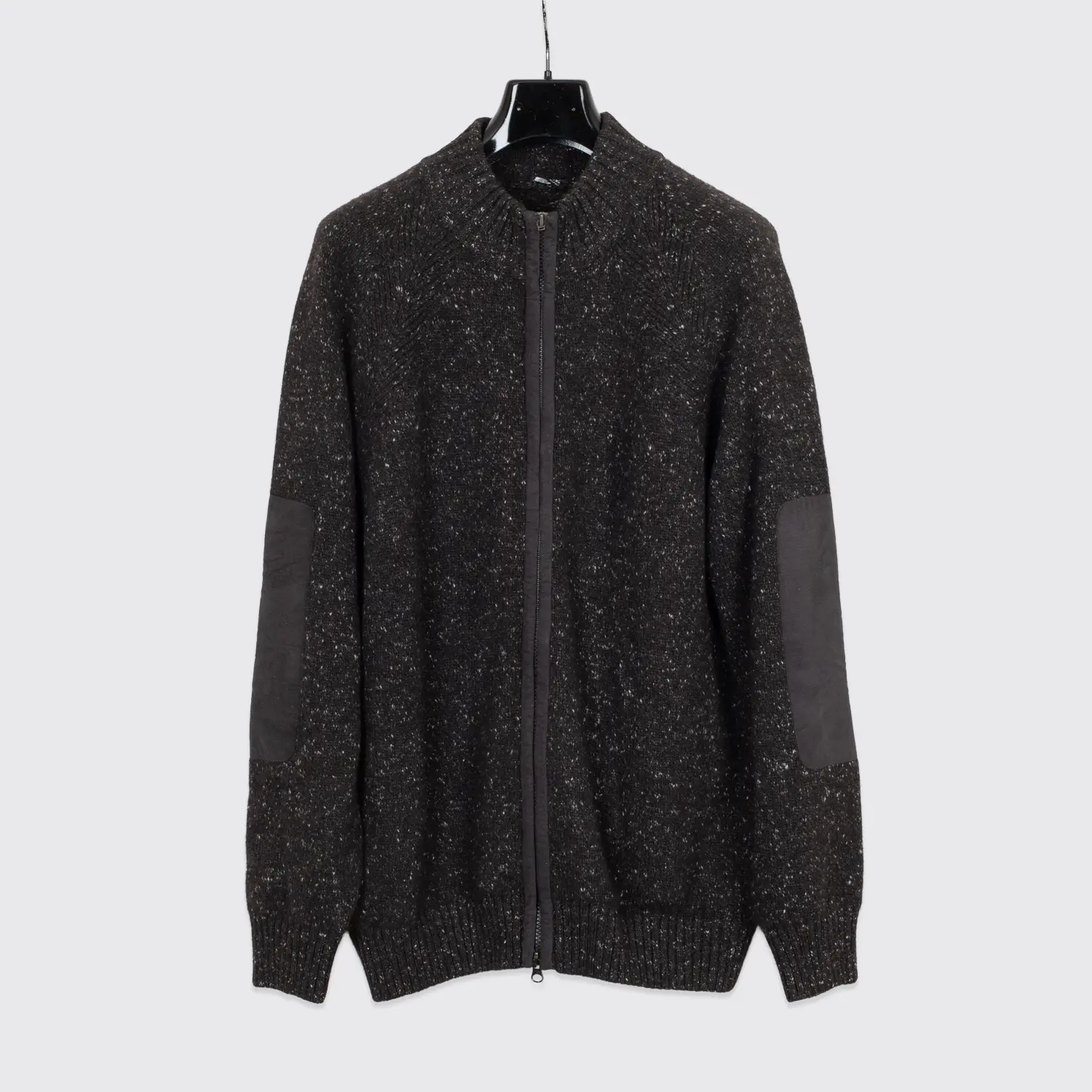 Kiton Cashmere Sweater Size EU54 Charcoal Fleck Zip with Leather Made in Italy