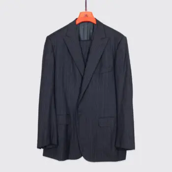 Isaia Napoli Suit Size EU60 L Navy Wool Flannel Striped Wool 2-Button Base V