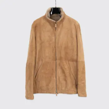 Faconnable Sheepskin Shearling Jacket Size XL Men Tan Suede Full Zip Heavyweight