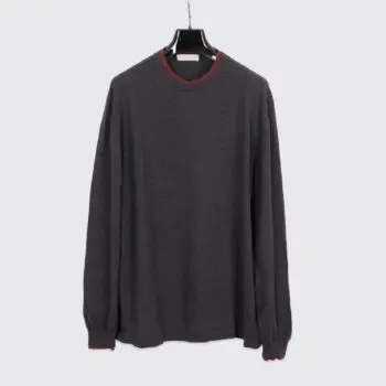 Ermenegildo Zegna Sweater 2XL (EU56) Men Dark Gray Red Trim Wool Knit Crewneck