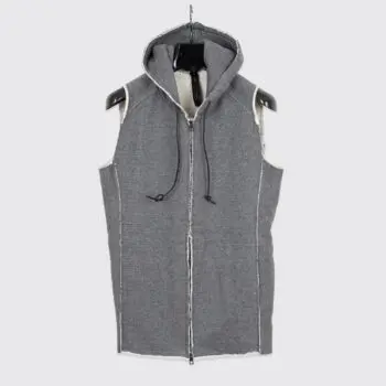 WJK Hoodie Men Gray Cotton Knit Sleeveless Full Zip Oni Urake Made in Japan