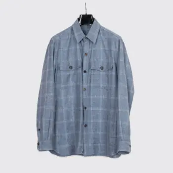 Isaia Napoli Overshirt XL Men Blue Check Slub Wool Silk Blend Made in Italy