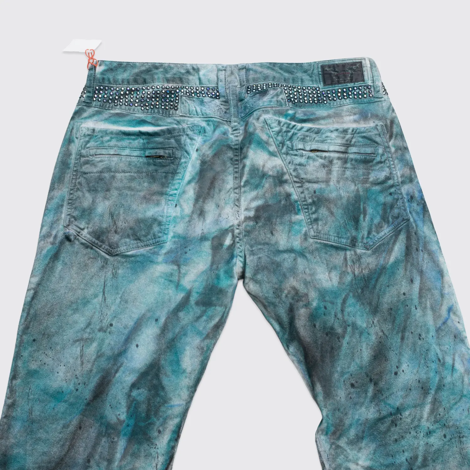 Robin's Jean Motard Motorcycle W36 Green Tie Dye Splatter Studded Made in U.S.A.