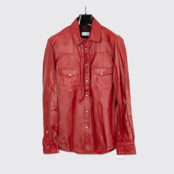 Ron Tomson Los Angeles Leather Shirt Size L Men Solid Red Genuine Lambskin Snap
