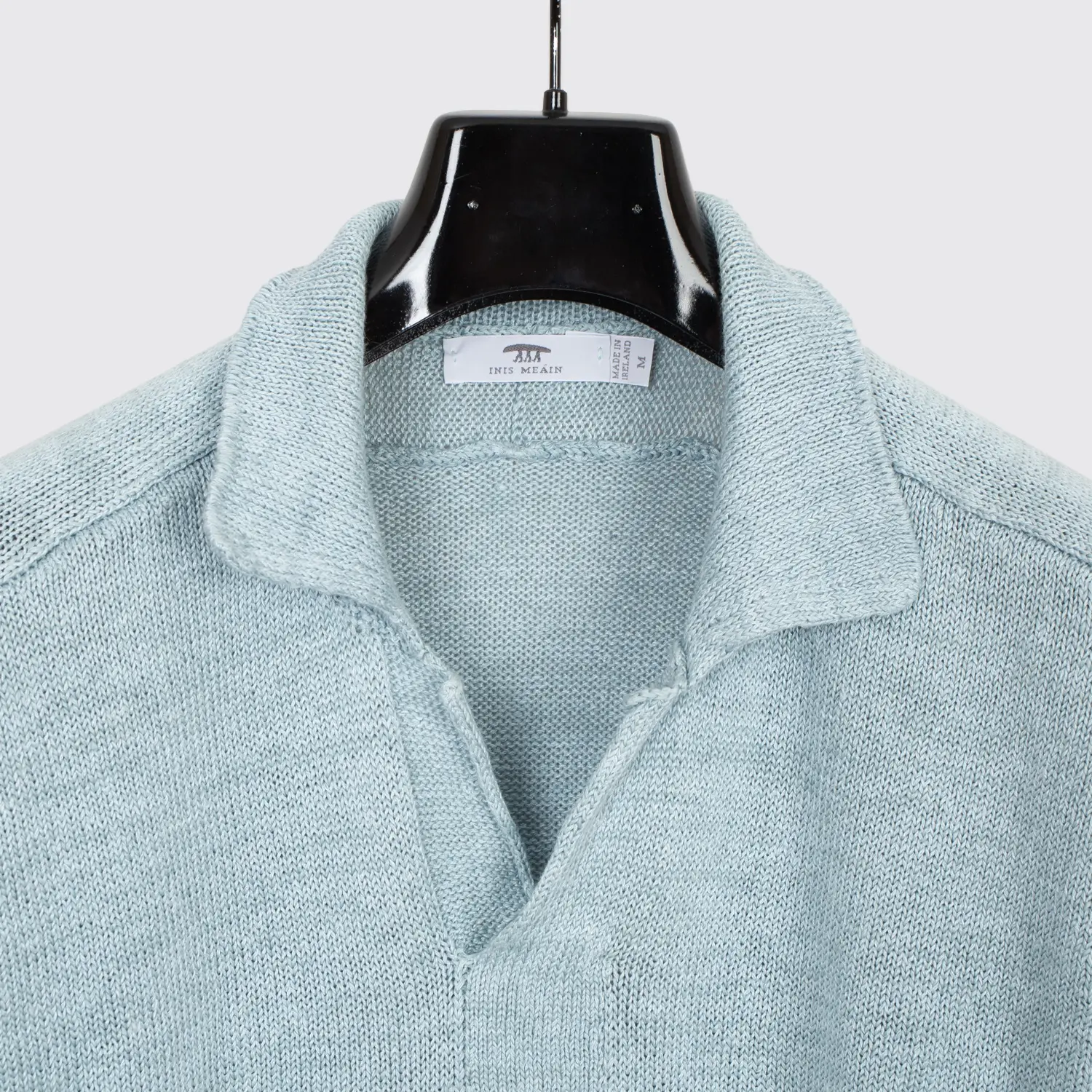 Inis Meain Sweater Size M Open Collar Solid Blue Knit Linen Made in Ireland