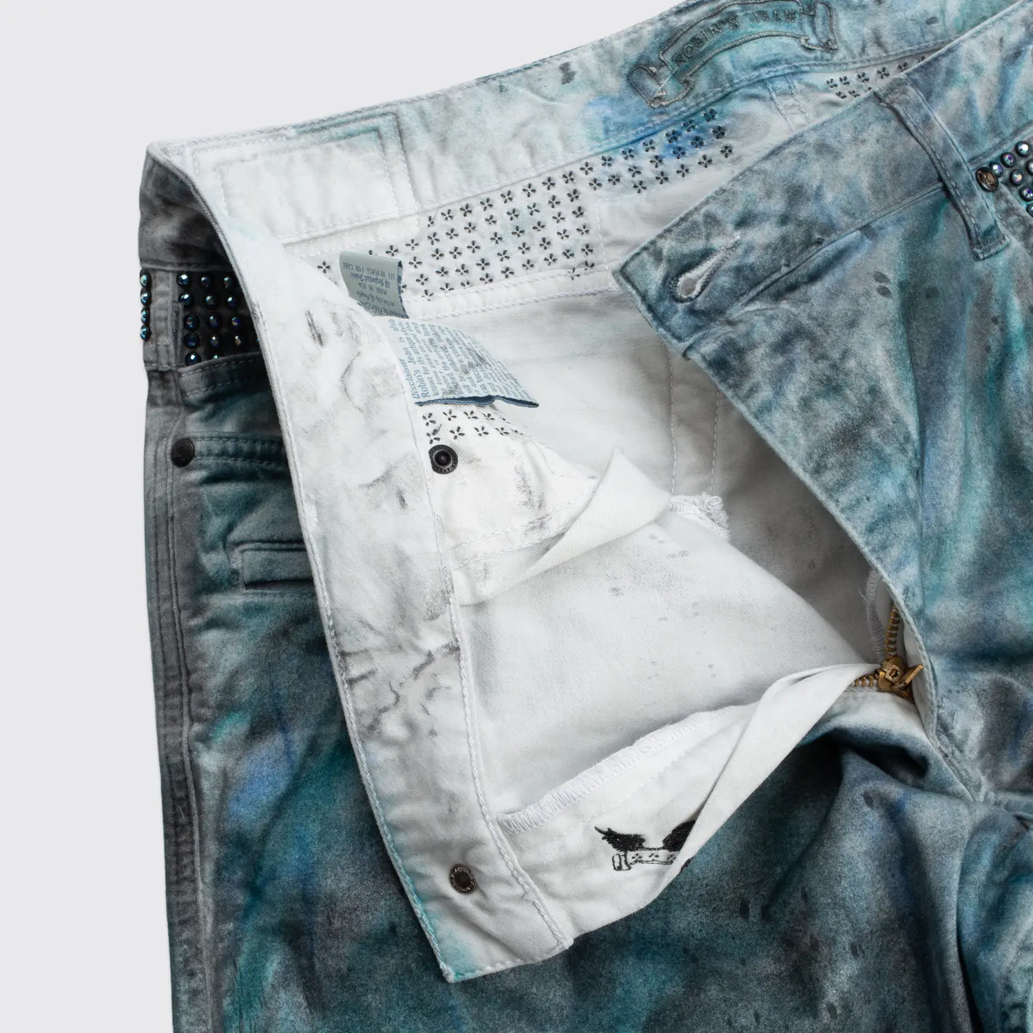 Robin's Jean Motard Motorcycle W36 Green Tie Dye Splatter Studded Made in U.S.A.