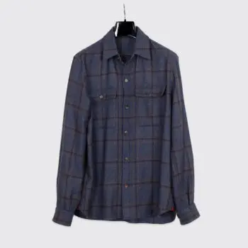 Isaia Napoli Overshirt Size L Men Navy Blue Brown Check Cashmere Made in Italy